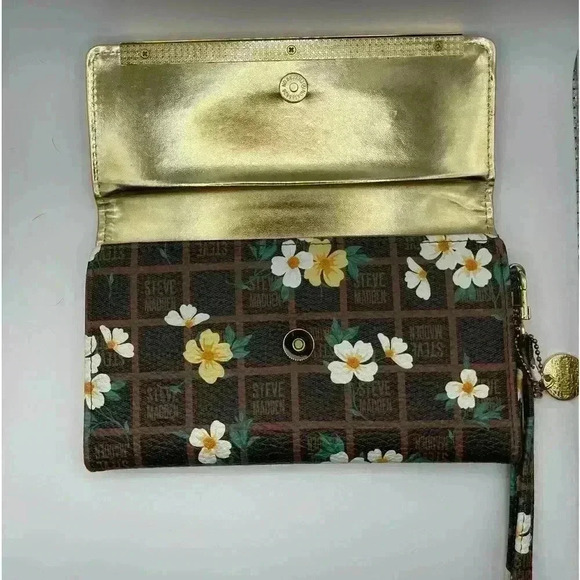 Steve Madden Logo Bar Trifold Floral Print Wallet Wristlet Clutch Brown Boho Fun - Picture 3 of 8